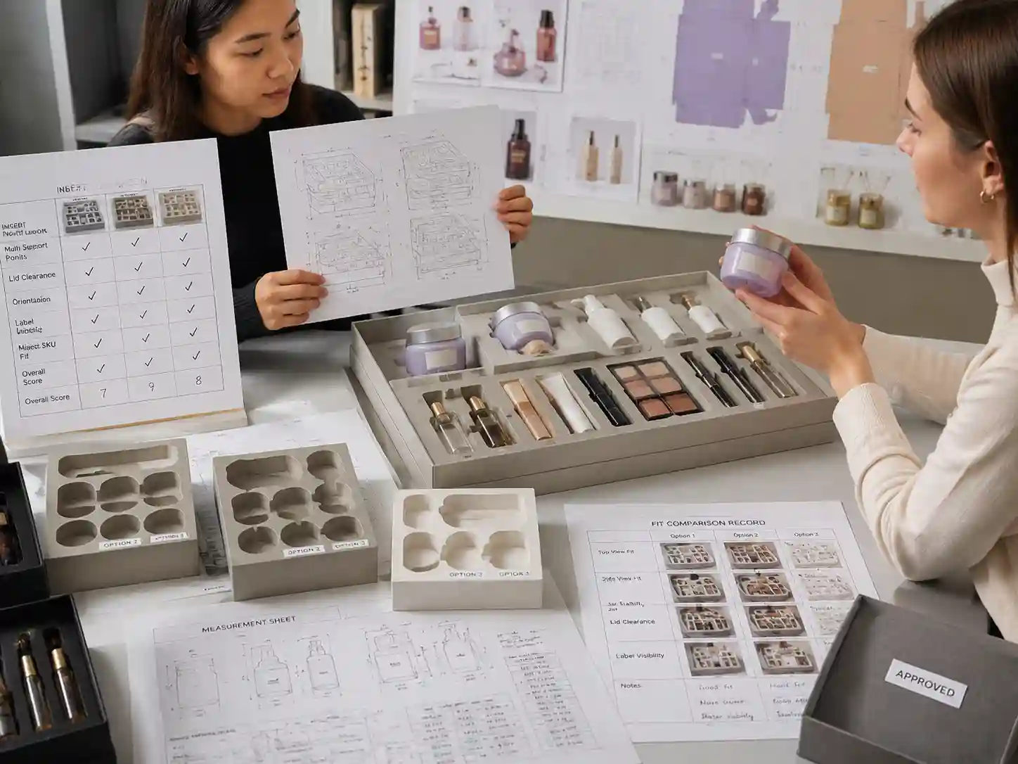 Packaging specialists reviewing heavy lid skincare jar packaging with multi-level insert designs and fit measurements