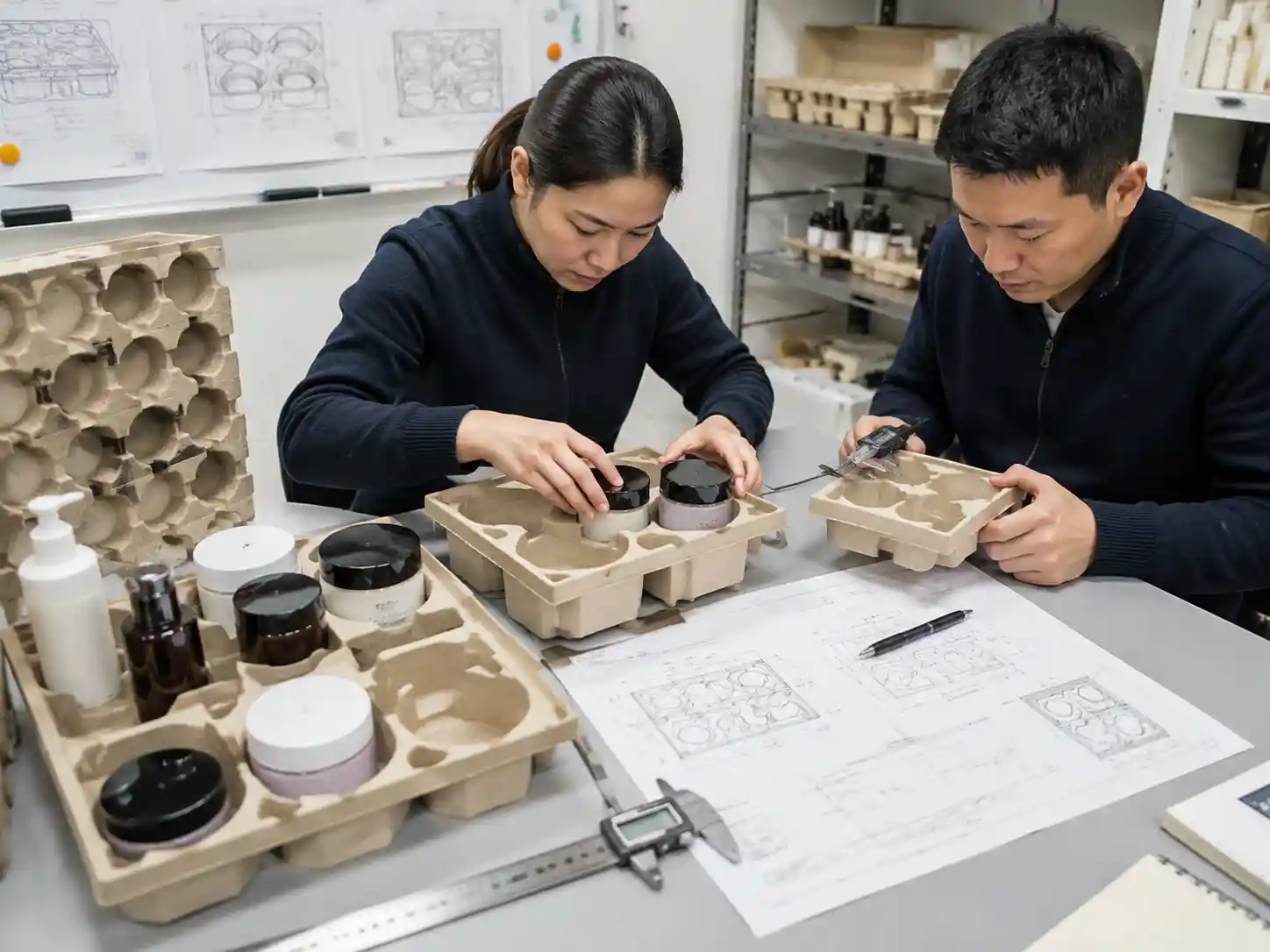 Packaging engineers testing multi-level inserts for heavy lid skincare jars with measurement tools and samples