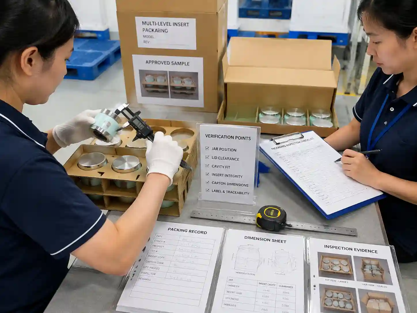 QC inspectors verifying heavy lid skincare jar packaging with insert measurements and packing records