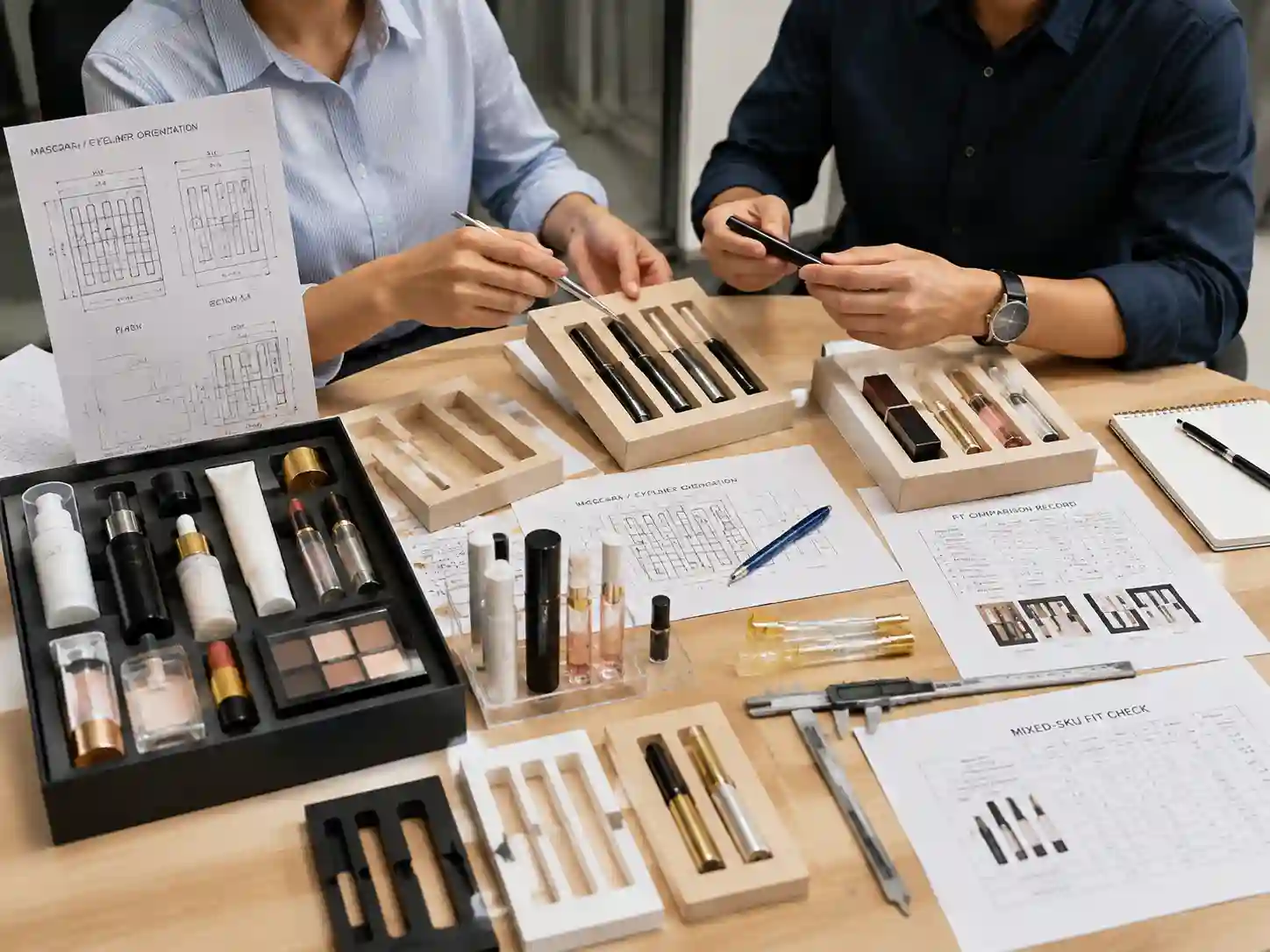 Packaging specialists reviewing mascara and eyeliner orientation insert design with cosmetic product samples