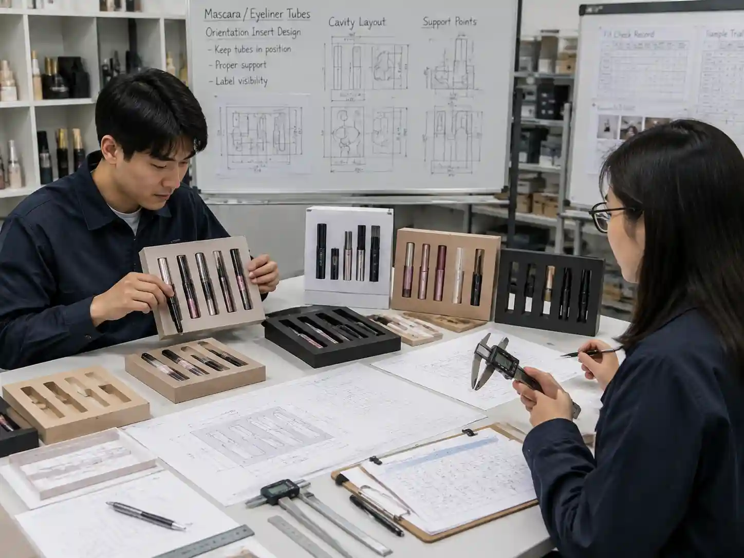 Packaging engineers testing mascara and eyeliner tube insert fit with measurement tools and prototypes