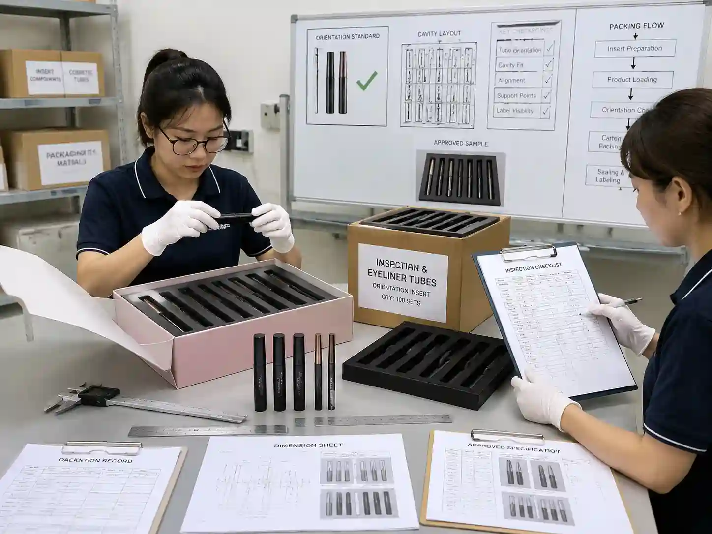 QC staff verifying mascara and eyeliner tube orientation packing records and insert measurements