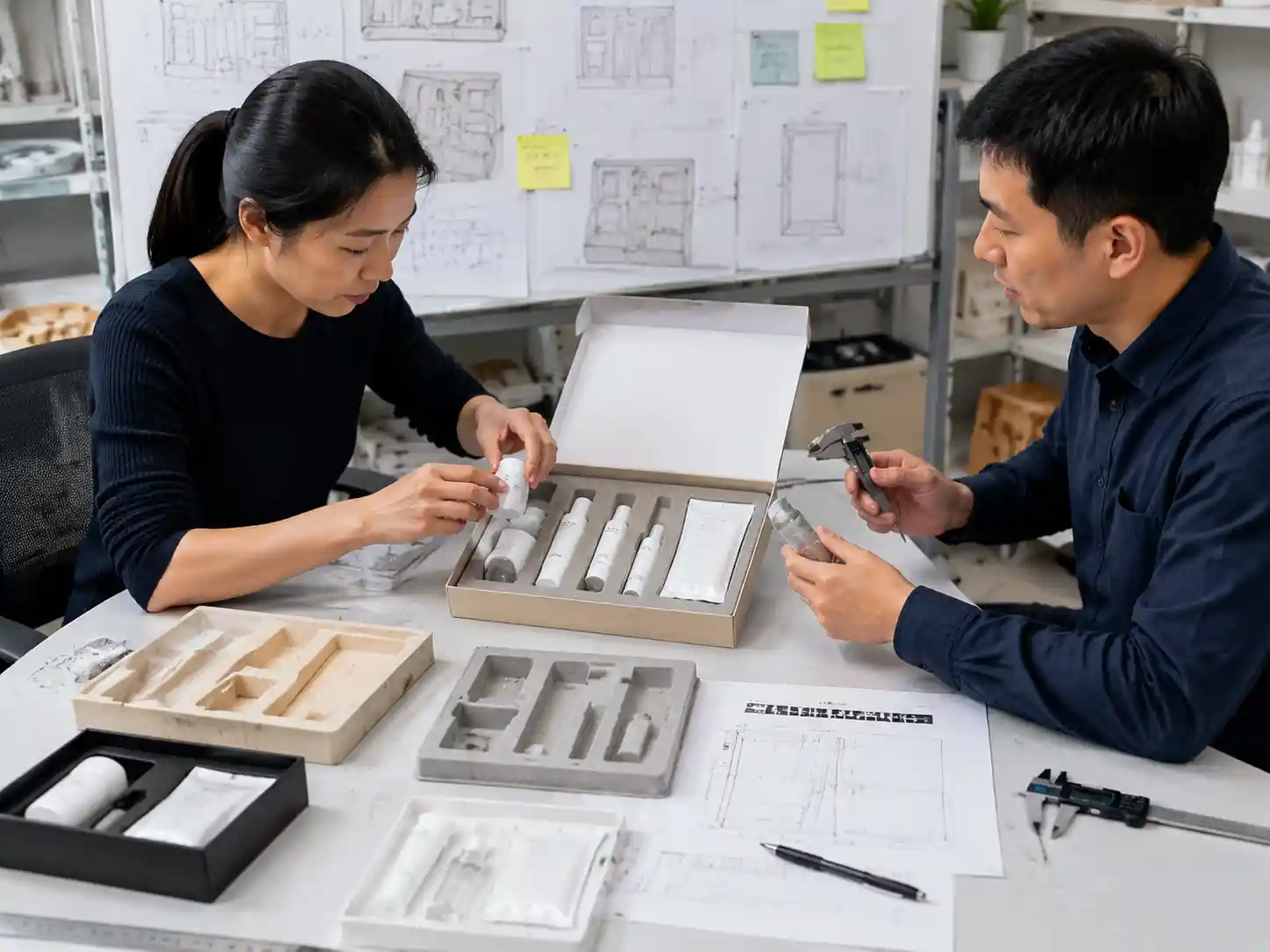 Packaging engineers testing sachet sample compartments with prototypes, measurements, and loaded product samples.
