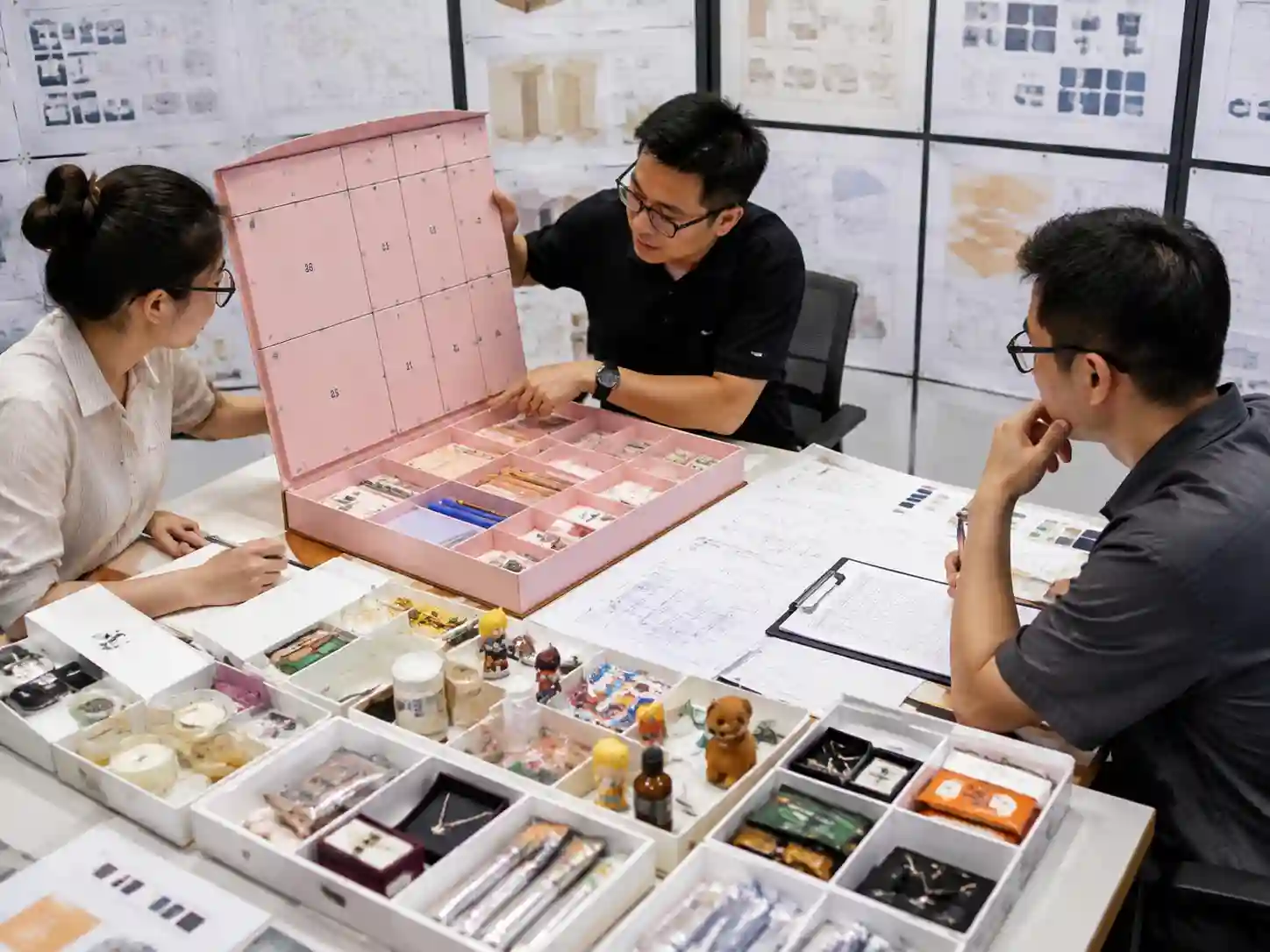 Packaging specialists reviewing stationery advent calendar compartments with pens clips and stickers