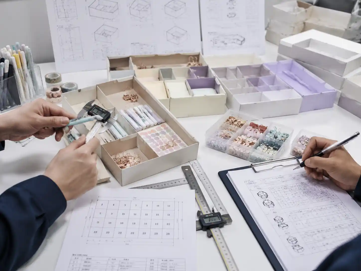 Packaging engineers testing stationery advent calendar compartments with prototype inserts