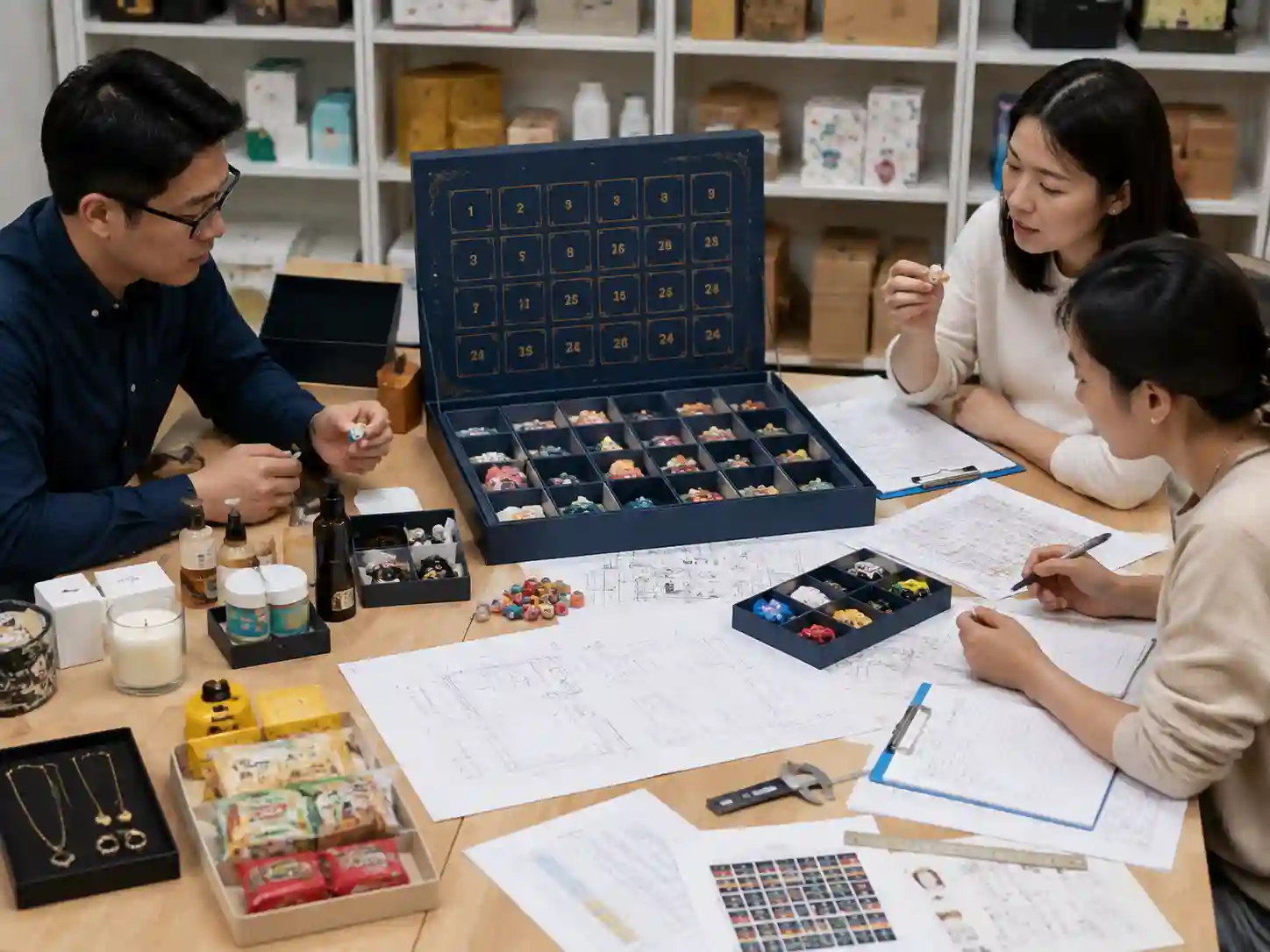 Packaging specialists reviewing compartment layouts for separating small toy parts into daily advent calendar sets.
