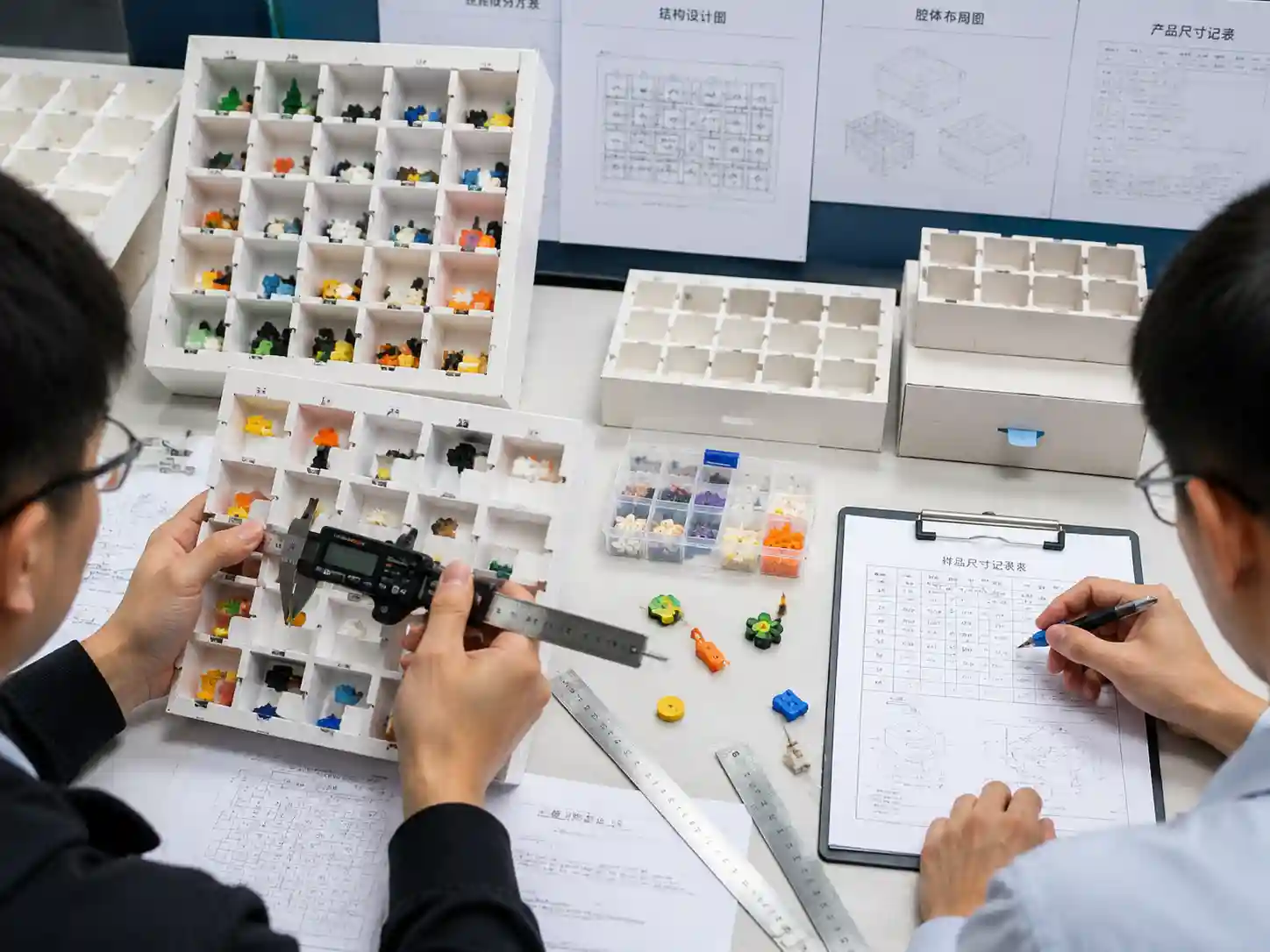 Packaging engineers testing toy part compartment fit and separation using prototype advent calendar inserts.