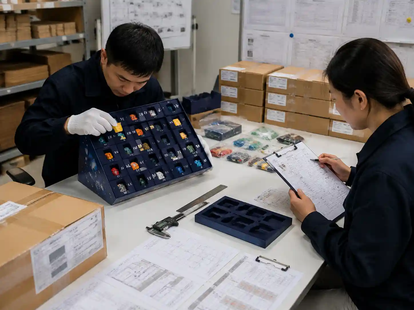 QC inspection of toy part separation, compartment fit, and packing records for advent calendar packaging.
