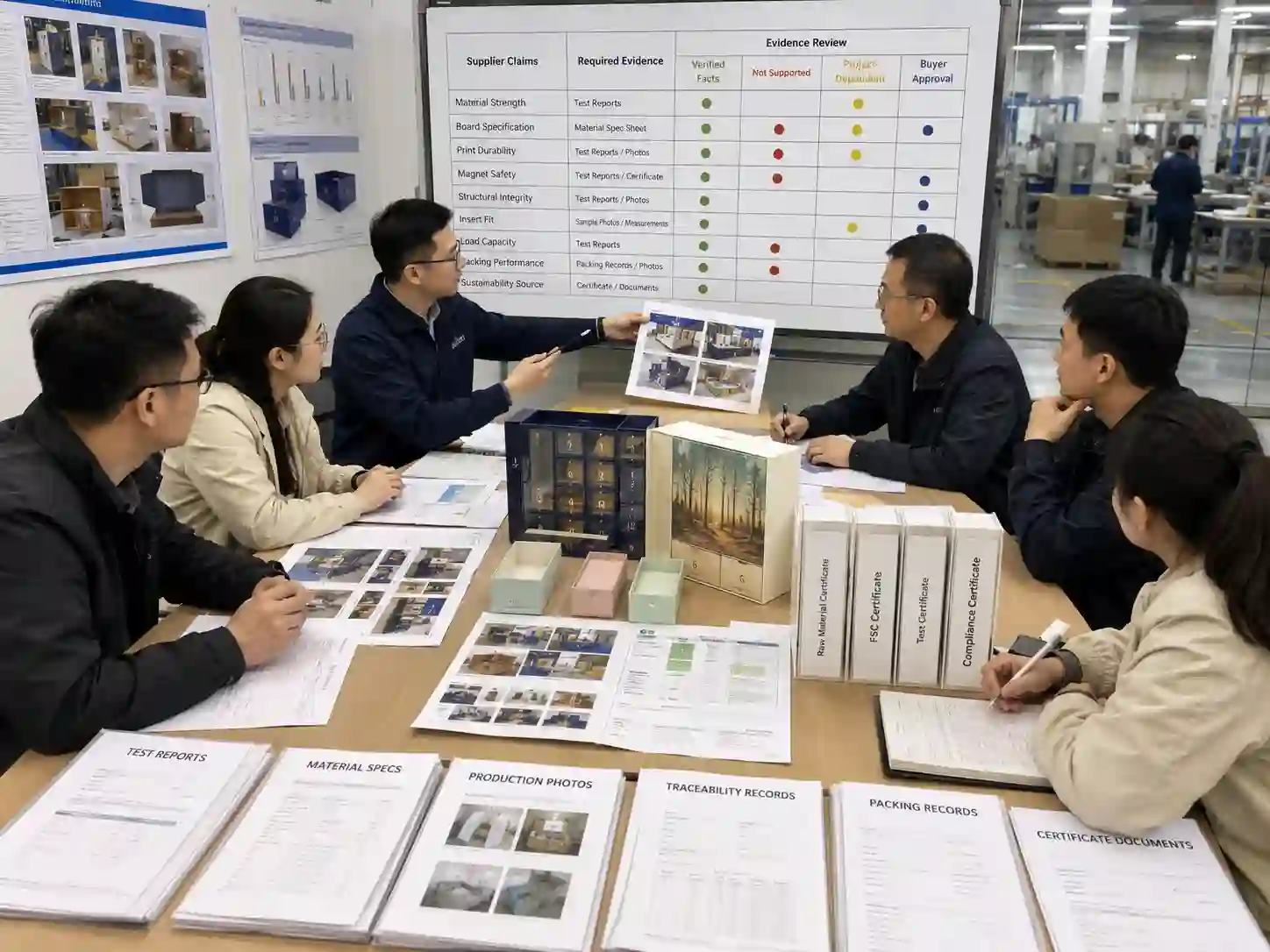 Packaging buyers reviewing photos, reports, specifications and certificates to verify advent calendar packaging claims.