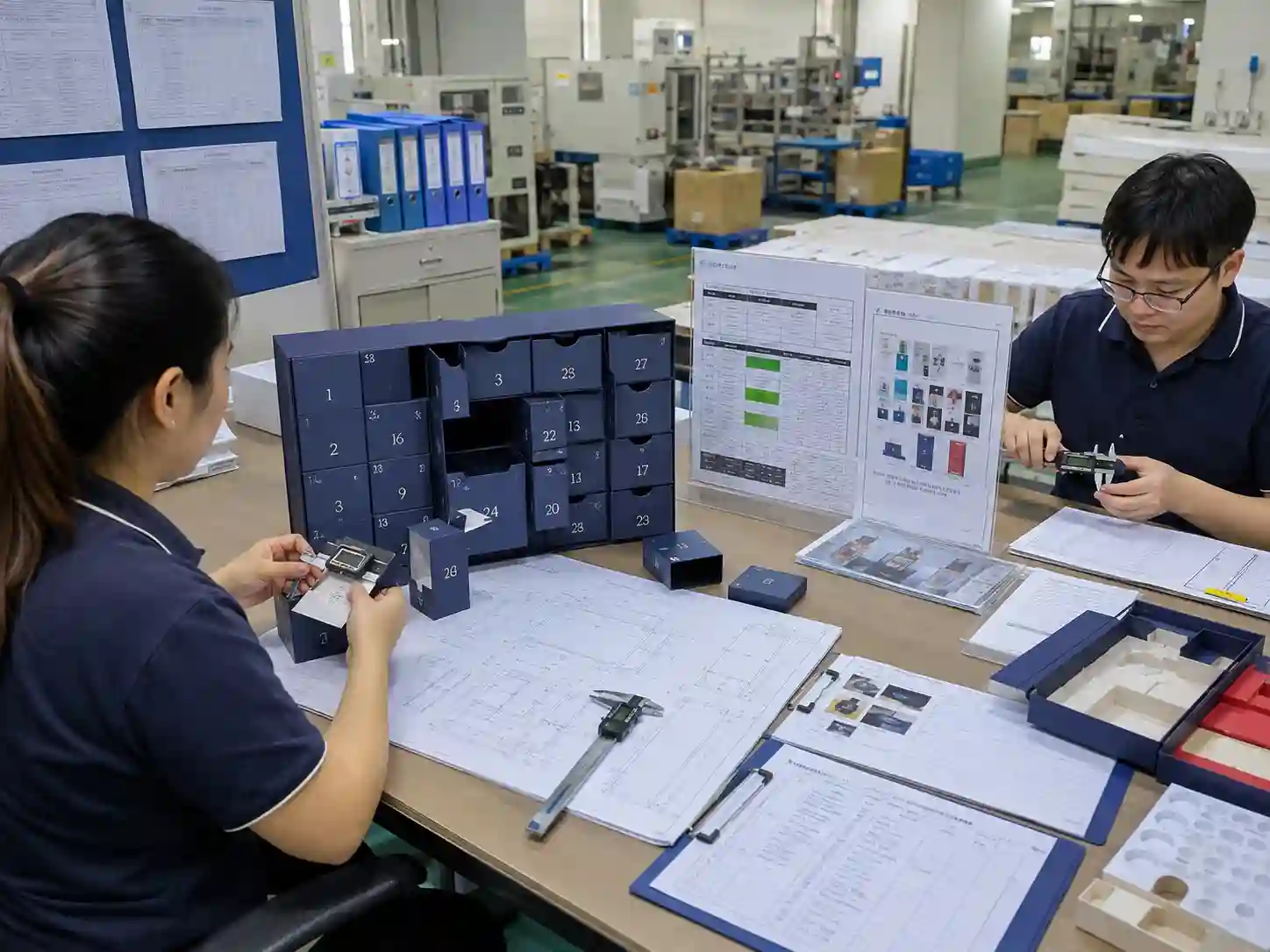 Packaging engineers using drawings, measurements and test records to verify advent calendar packaging claims.