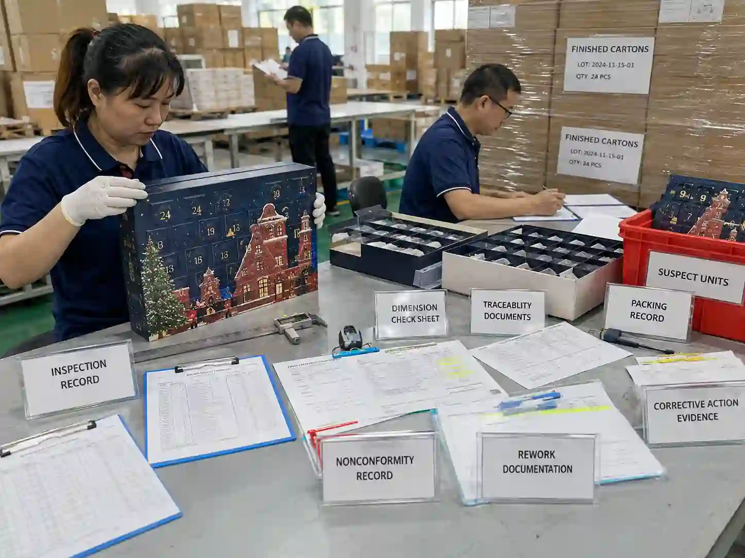 Quality staff checking measurements, traceability, packing records and corrective-action evidence for advent calendar packaging.