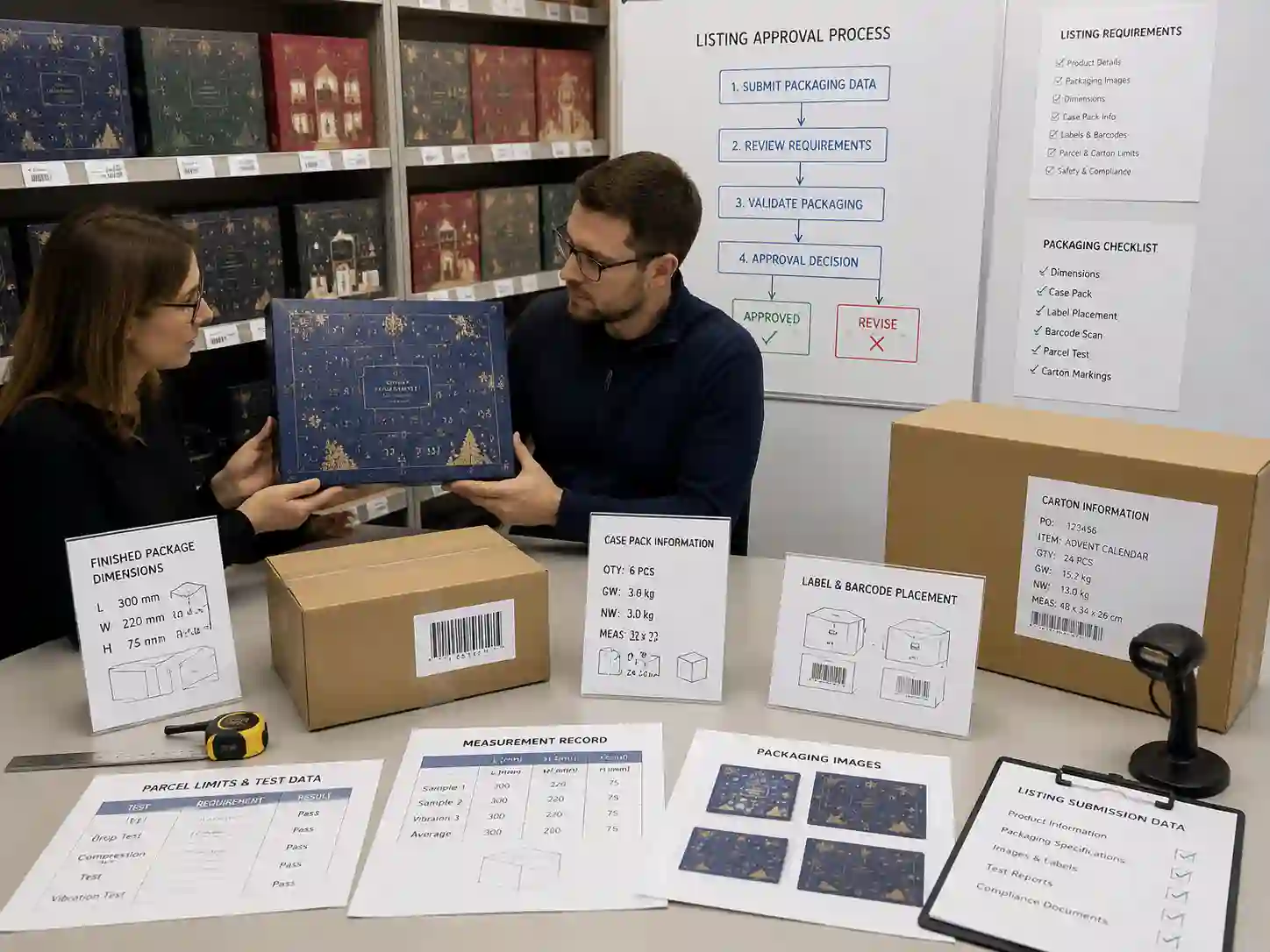 Retail buyers reviewing advent calendar packaging data for listing approval with dimensions, case packs, labels, and fulfillment records.