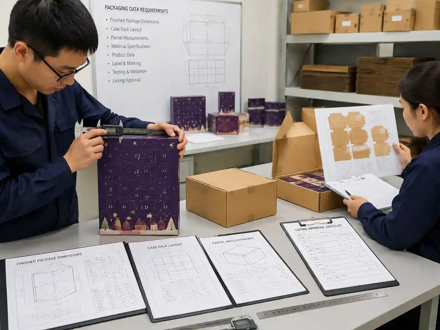 Packaging engineers verifying advent calendar dimensions and data records before retail listing approval.
