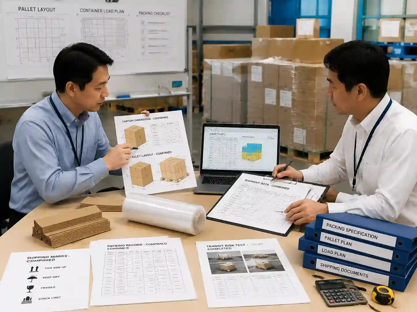 Packaging specialists reviewing freight booking packing data with master cartons, pallet plans, and shipment records