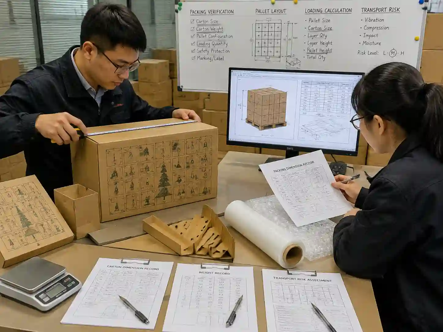 Packaging engineers measuring cartons and reviewing pallet loading data before freight booking