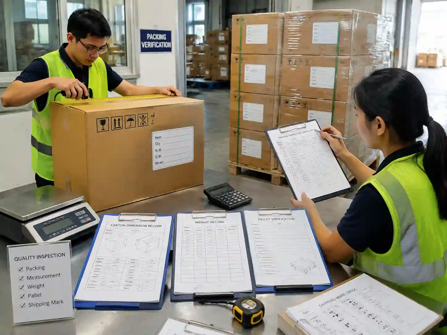 QC staff verifying freight packing records, carton measurements, and shipment documentation