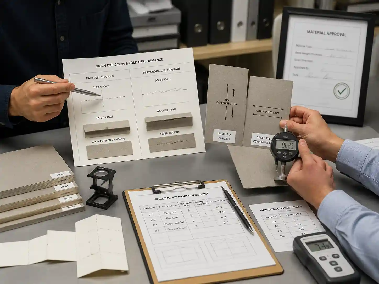 Packaging engineers reviewing paper grain direction samples and board folding performance for advent calendar box materials