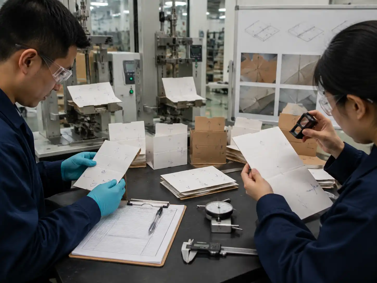 Technicians testing folded paperboard prototypes to evaluate grain direction and hinge durability