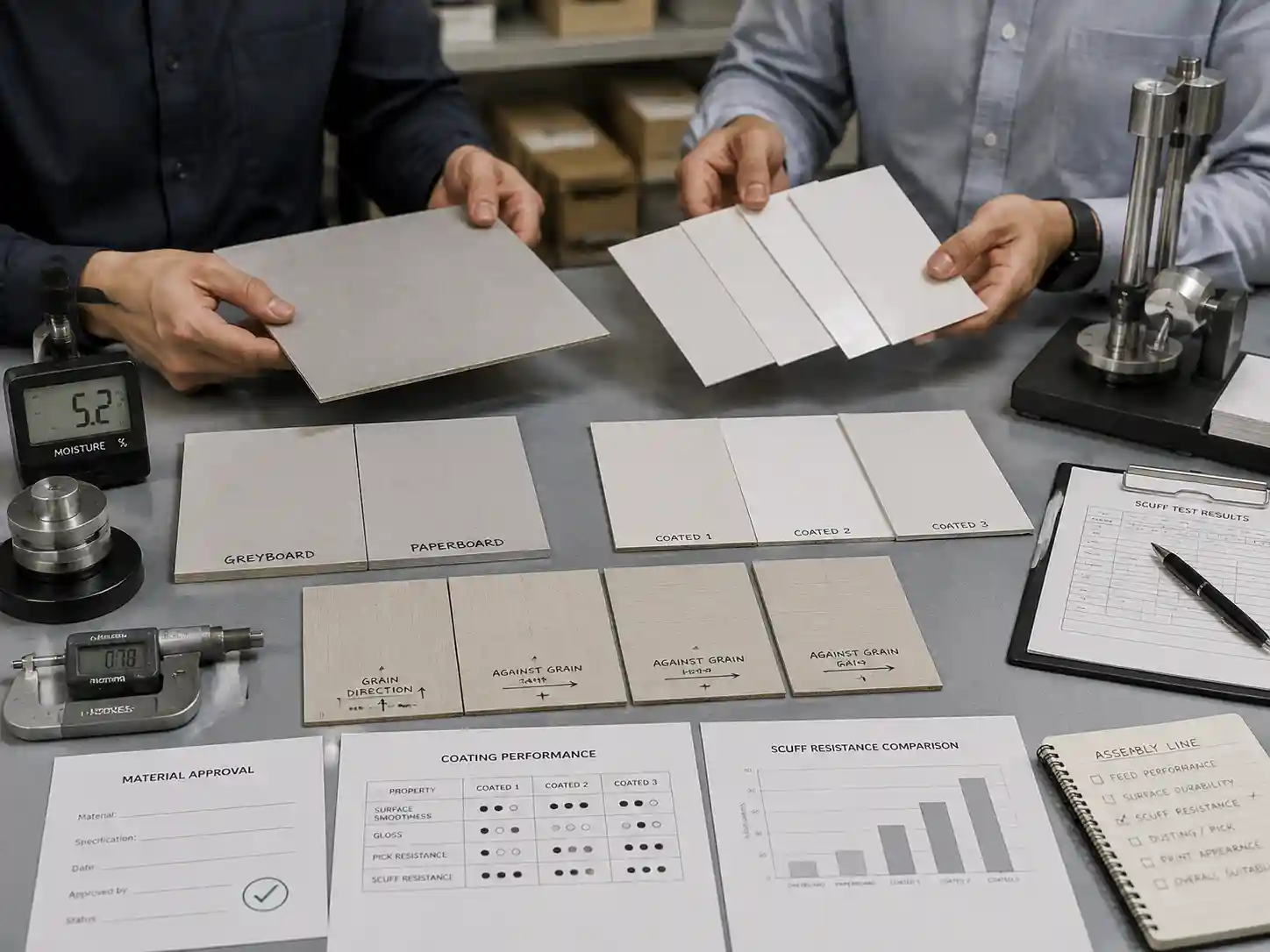 Packaging engineers reviewing coated paper and board samples for scuff resistant packaging paper selection