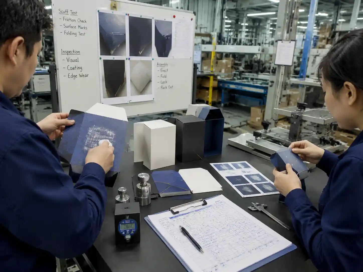 Engineering team testing packaging paper surfaces for scuff resistance during assembly