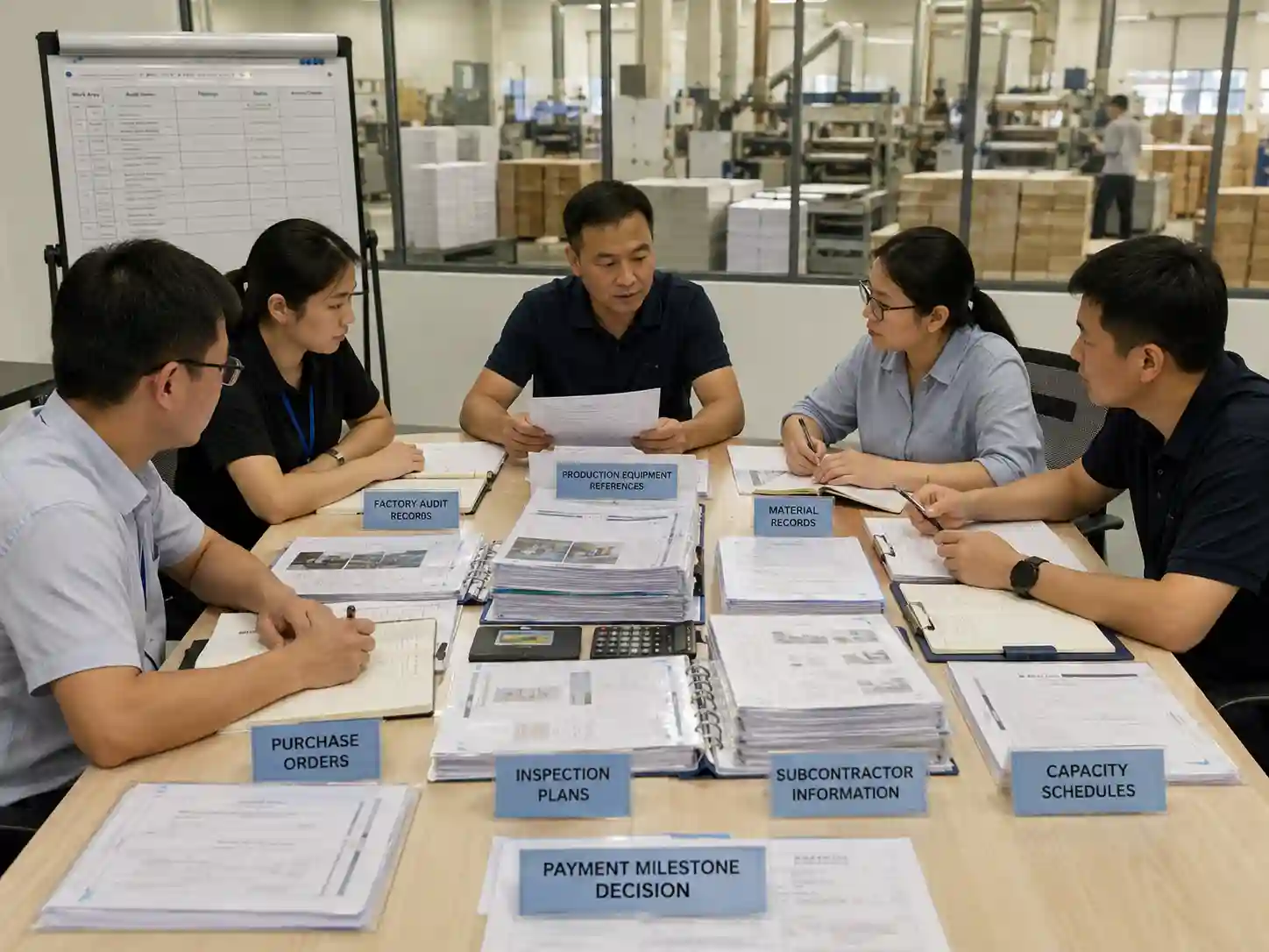 Packaging buyers reviewing supplier records and production evidence before approving a payment milestone.