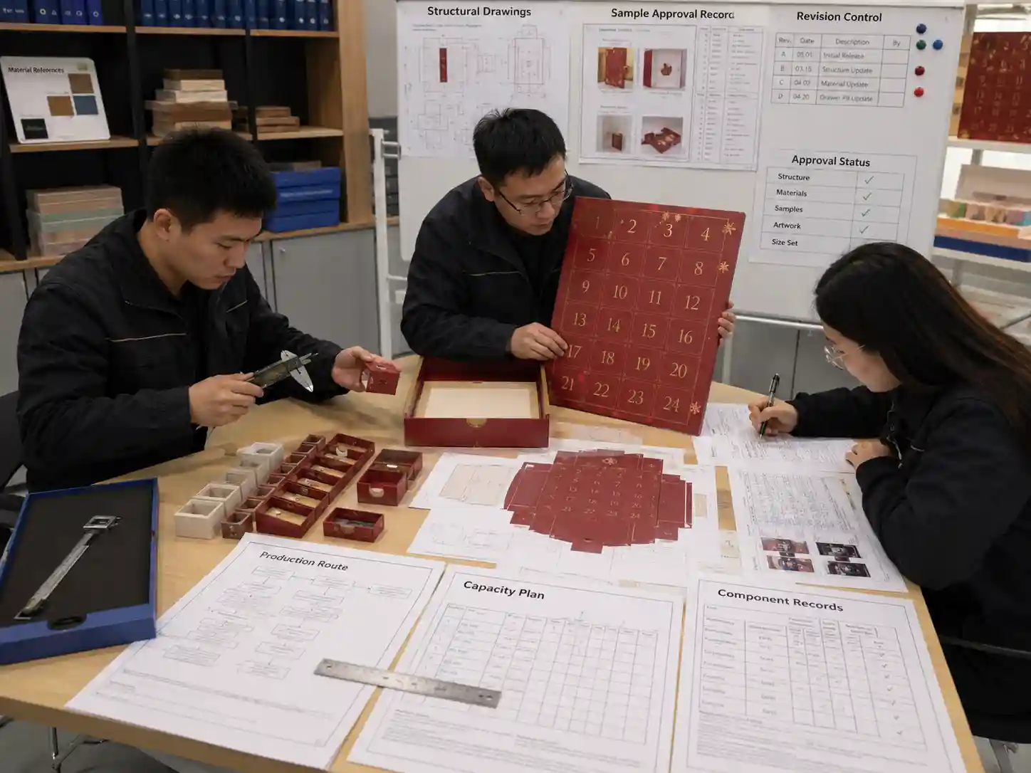 Packaging engineers verifying samples, specifications and material readiness before a production payment milestone.