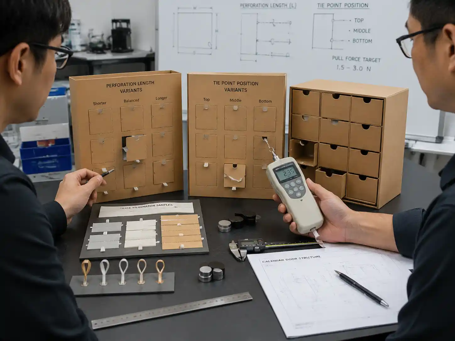 Engineers reviewing advent calendar perforation length and tie point structural samples
