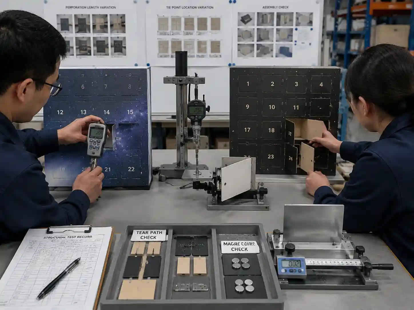 Technicians testing perforated calendar door opening performance and tie point strength