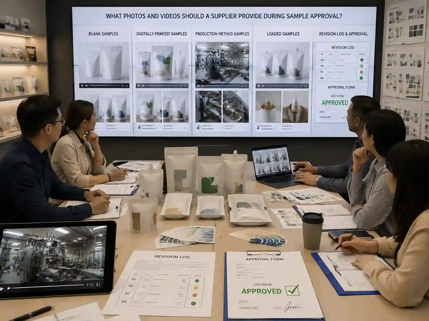Packaging teams reviewing supplier photos and videos during advent calendar sample approval