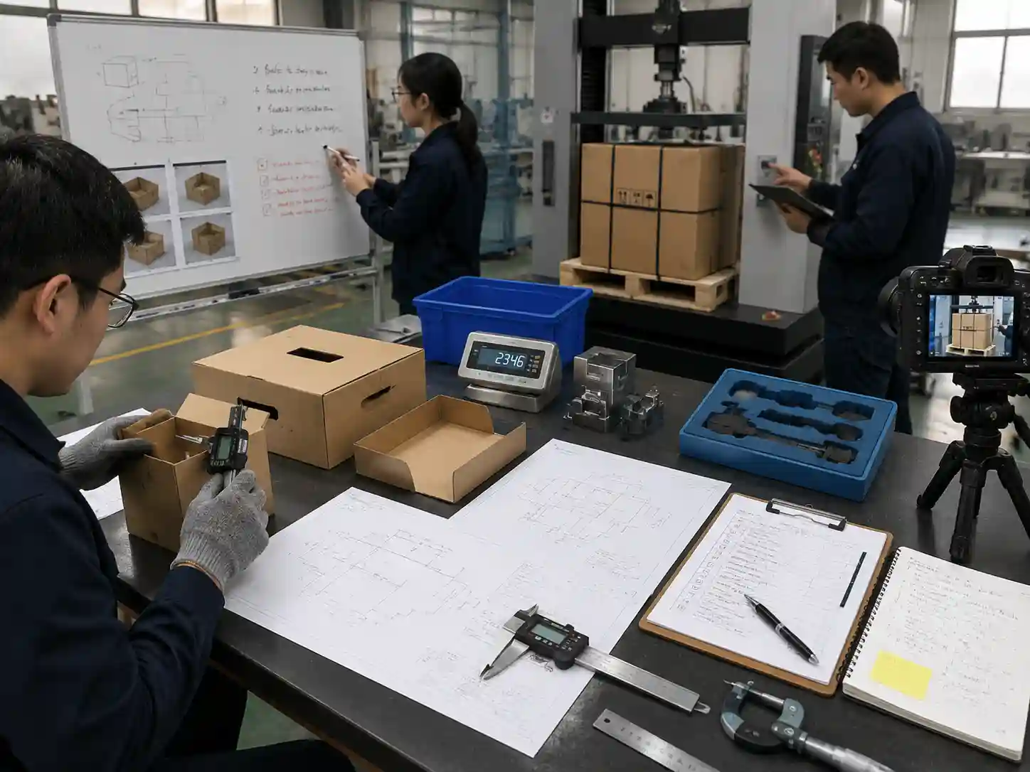 Packaging engineers recording sample tests and measurements for approval review