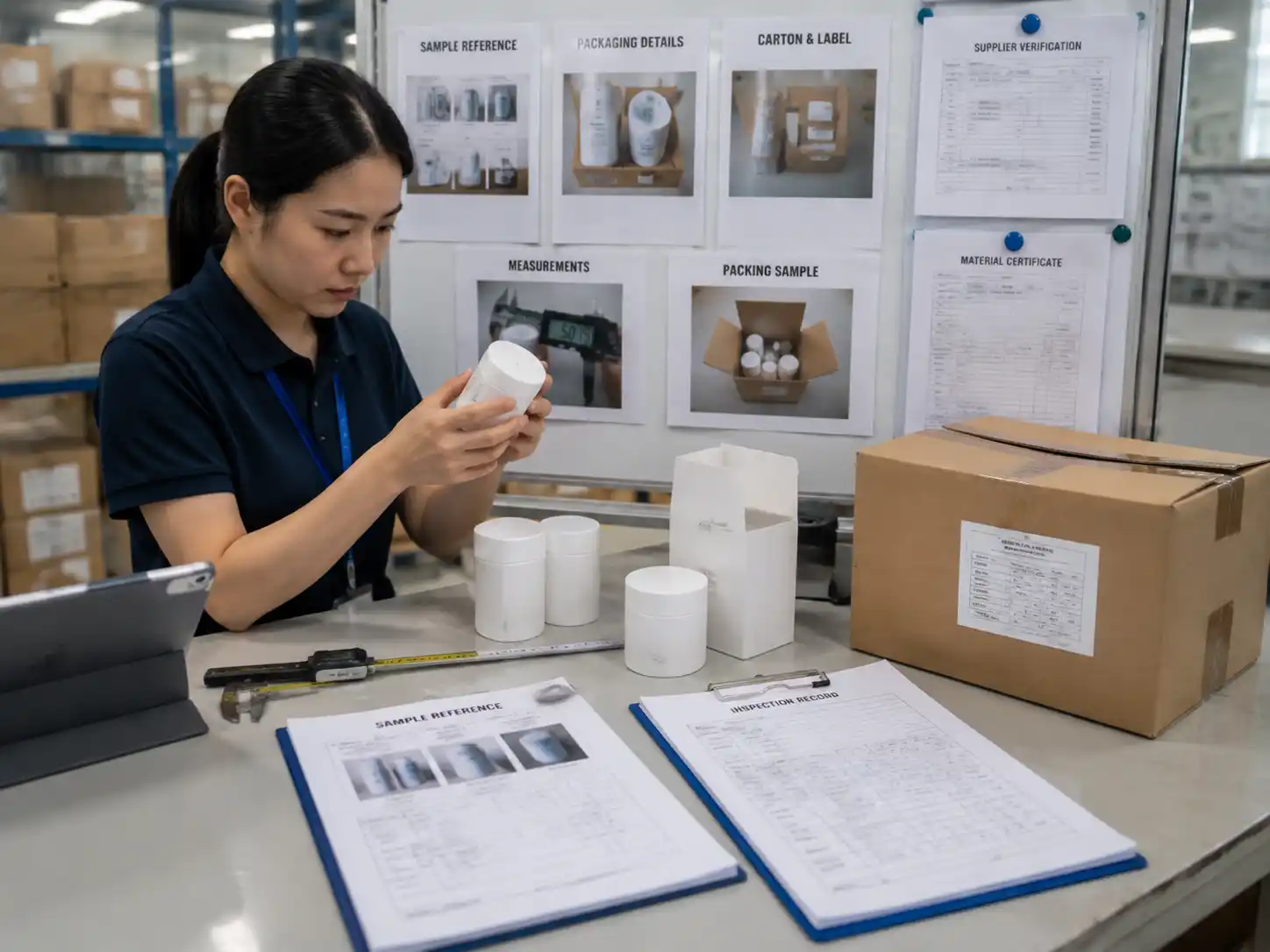 Quality control staff documenting packaging sample verification and approval records