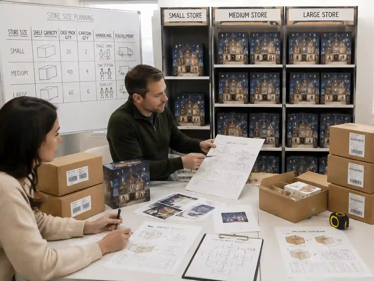 Retail packaging specialists reviewing case pack planning for multiple store sizes with shelf mockups, cartons, and fulfillment documents