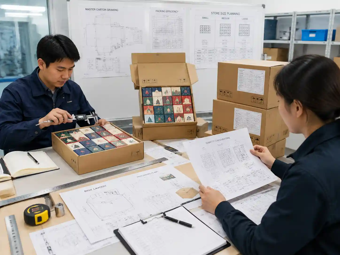 Packaging engineers testing advent calendar case pack layouts with measurements, samples, and carton planning records