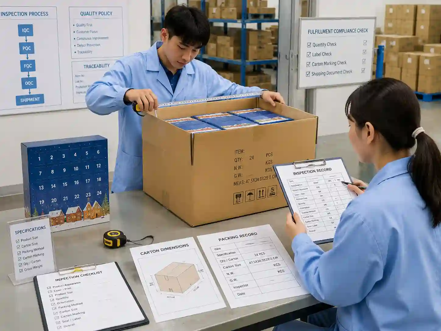 Quality inspectors verifying advent calendar case pack quantities, carton measurements, and fulfillment records