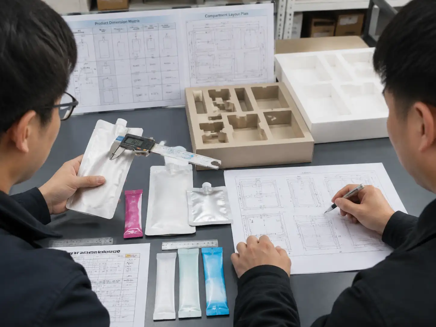 Packaging engineers measuring flexible product samples for advent calendar compartment design validation.