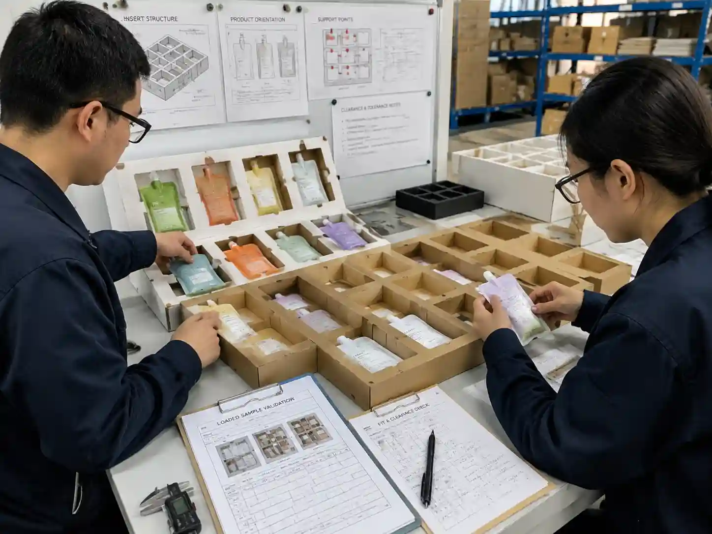 Engineering team testing flexible packaging samples inside custom advent calendar insert prototypes.