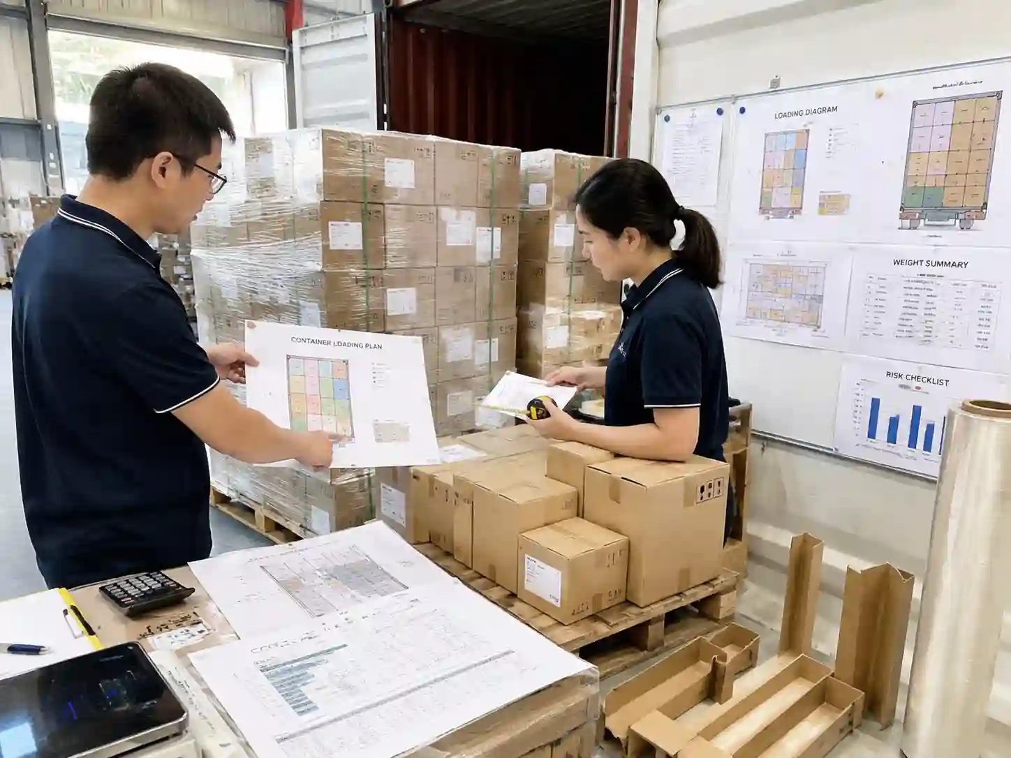 Packaging specialists reviewing a mixed carton container loading plan with master cartons, pallet layouts, and shipment records.