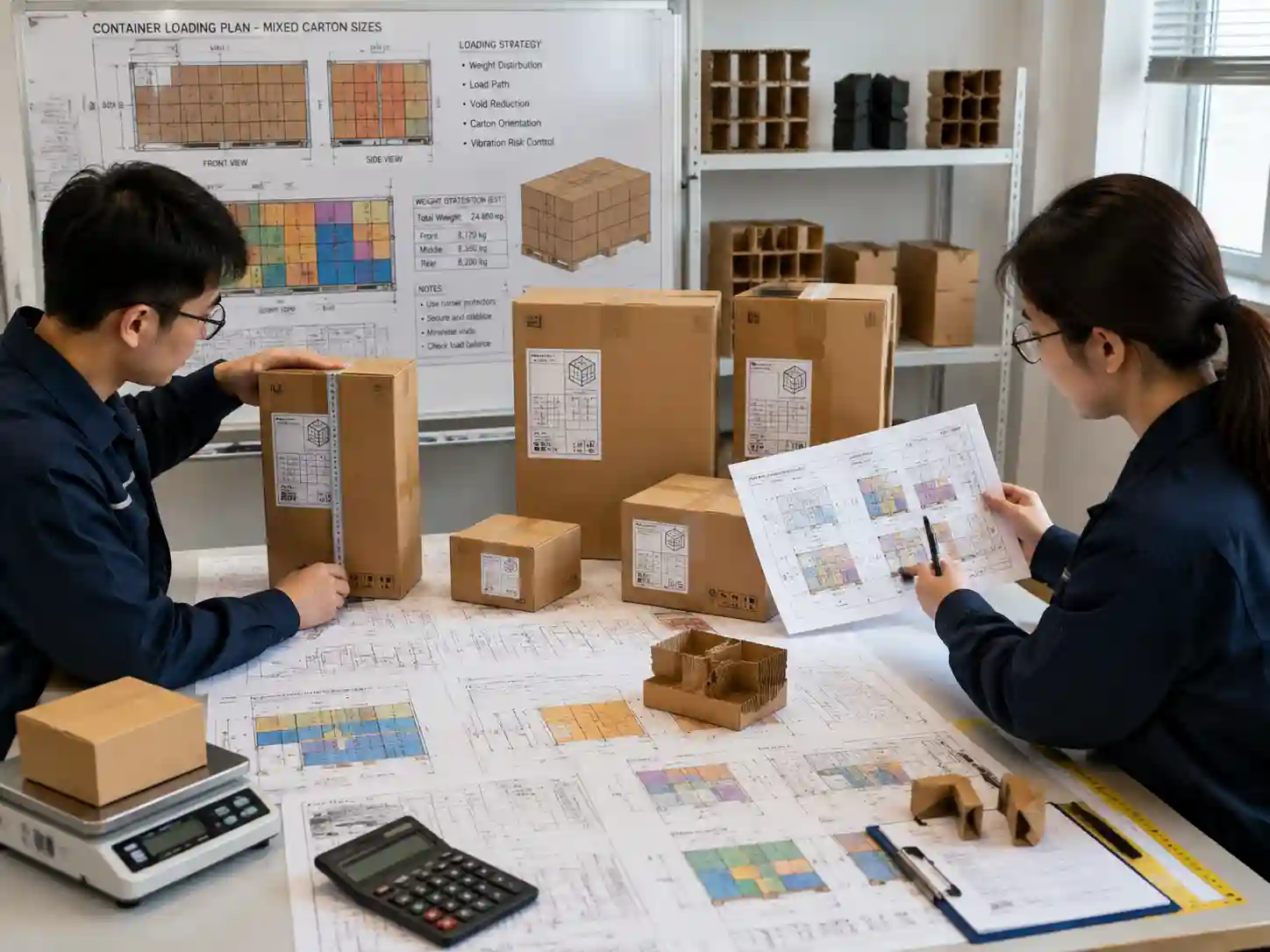 Packaging engineers planning mixed carton container loading using carton measurements, pallet layouts, and stability calculations.
