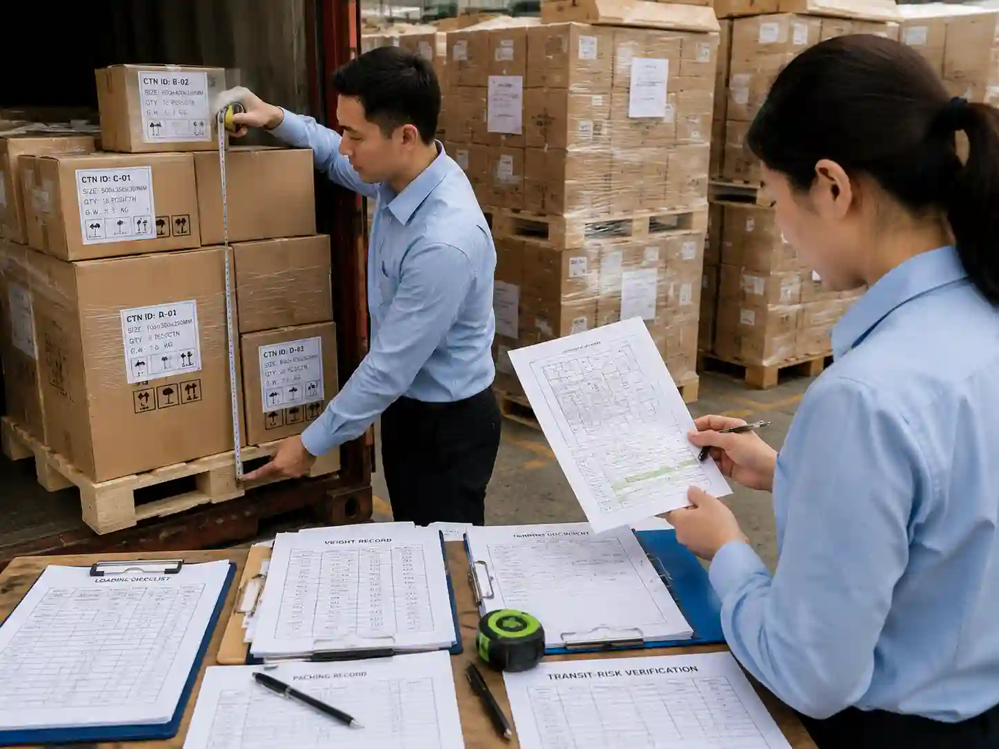 QC staff verifying mixed carton container loading records, carton measurements, and shipment preparation documents.
