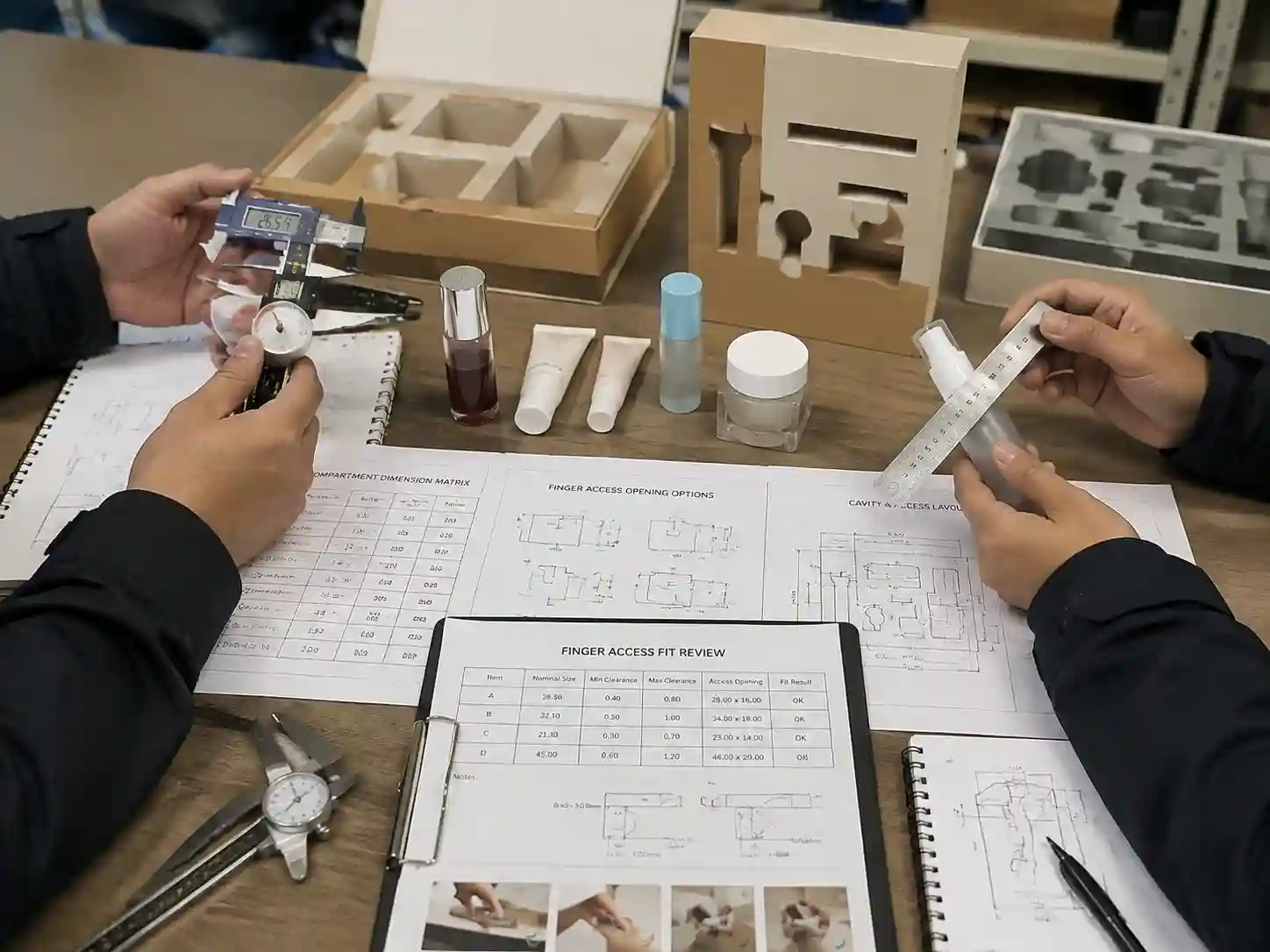 Packaging engineers measuring finger access compartment dimensions for advent calendar insert design