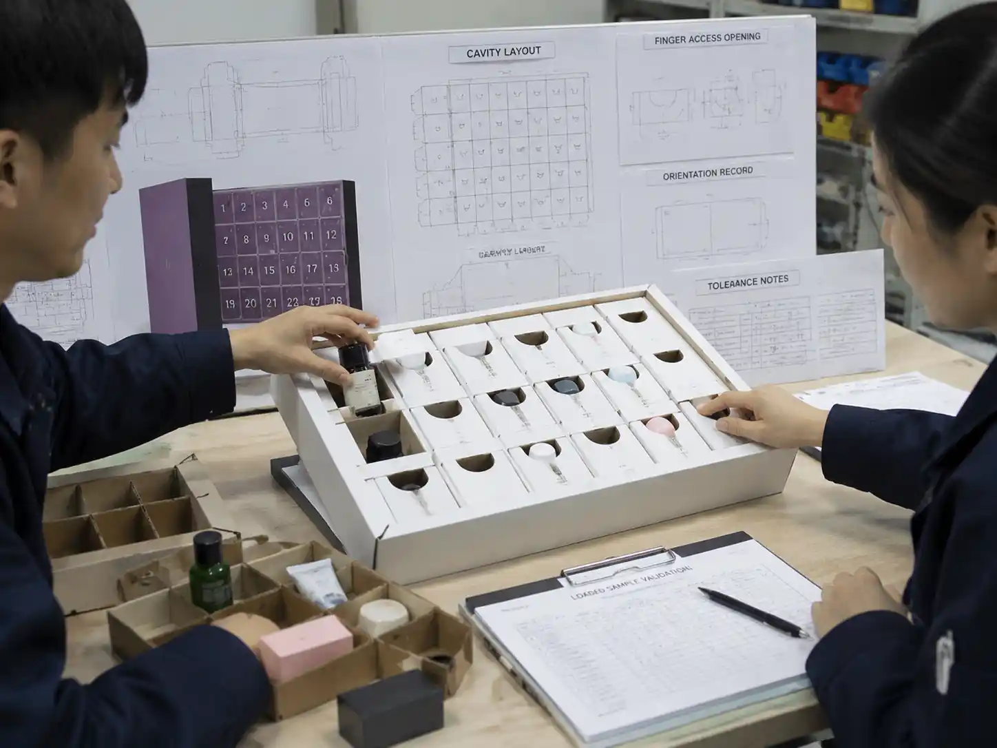 Prototype testing of finger access openings and product fit in custom advent calendar compartments