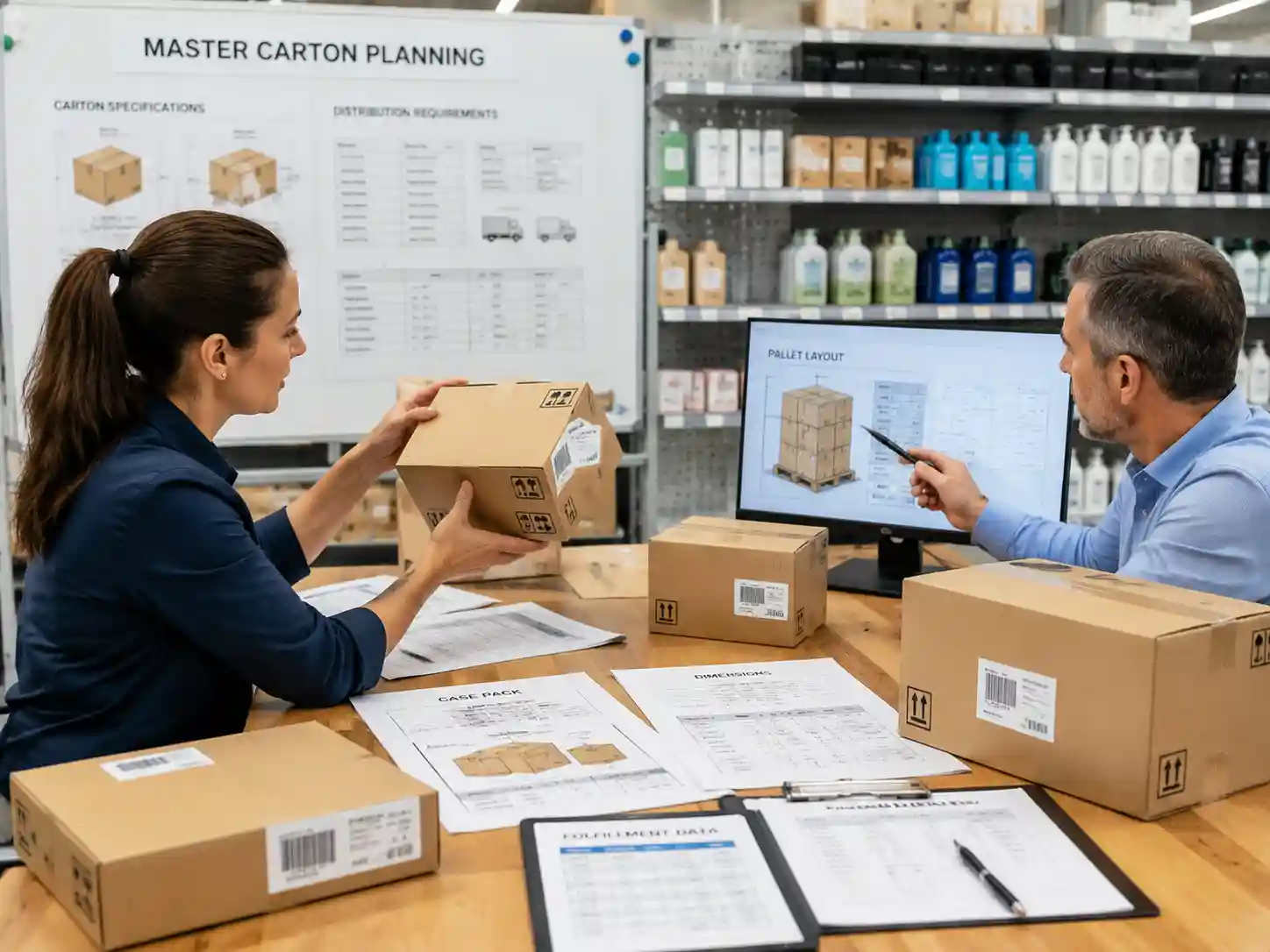 Retail packaging specialists planning master cartons for distribution center requirements with case packs, labels, and fulfillment records.