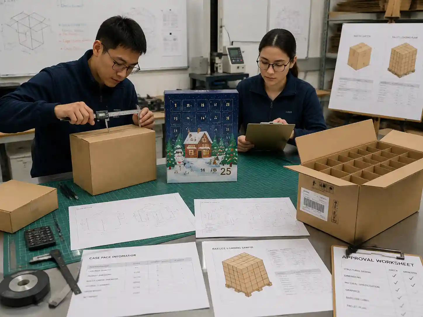 Packaging engineers validating master carton dimensions, packing samples, and distribution planning records.