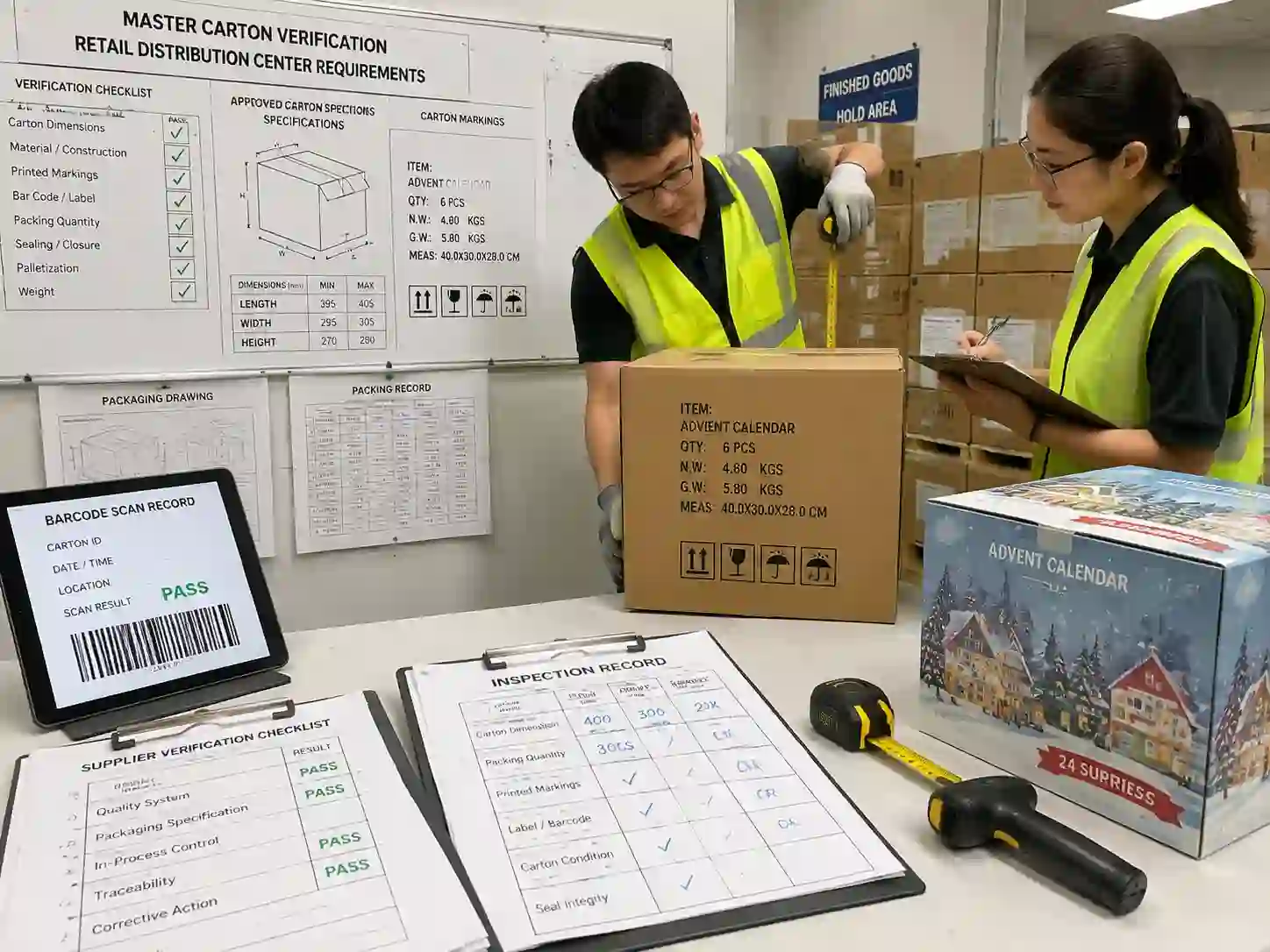Quality inspectors verifying master carton dimensions, packing records, and distribution center carton requirements.