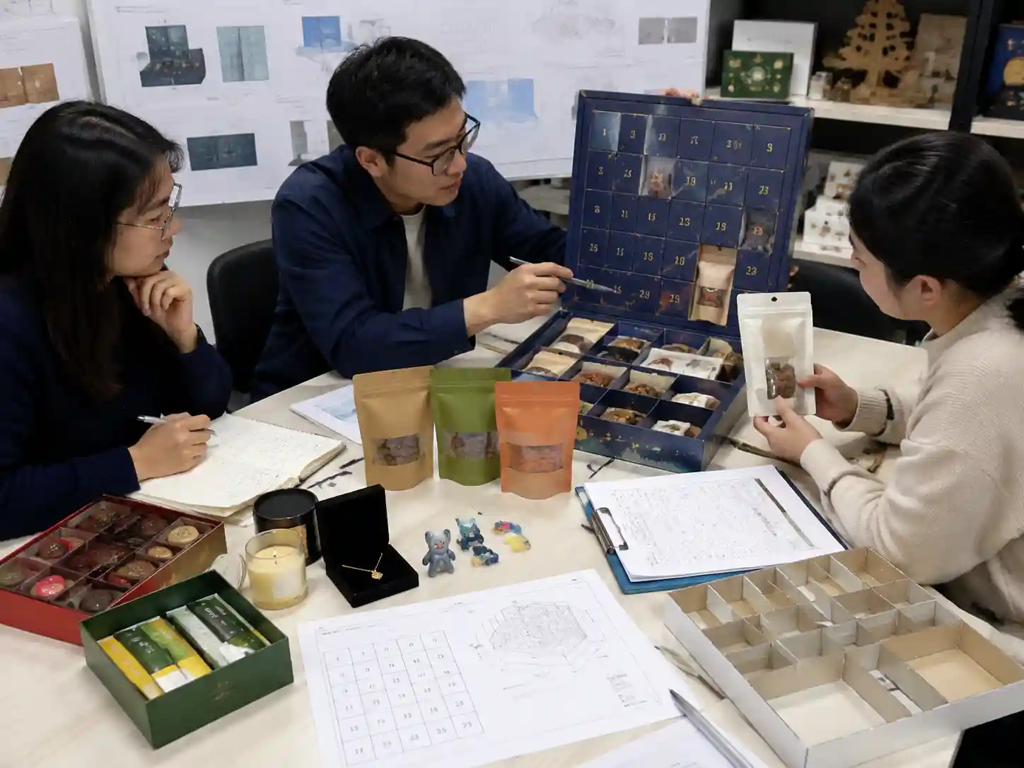 Packaging review team planning odor barriers for pet treat advent calendar compartments