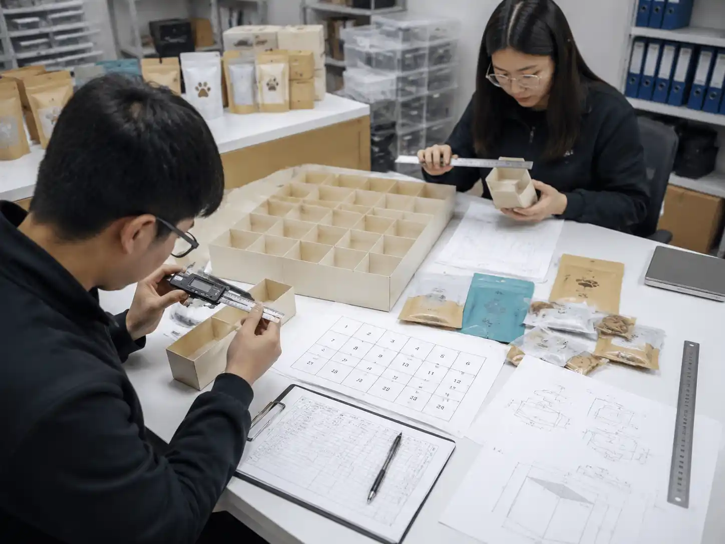 Packaging engineers testing pet treat advent calendar inserts for odor separation and fit