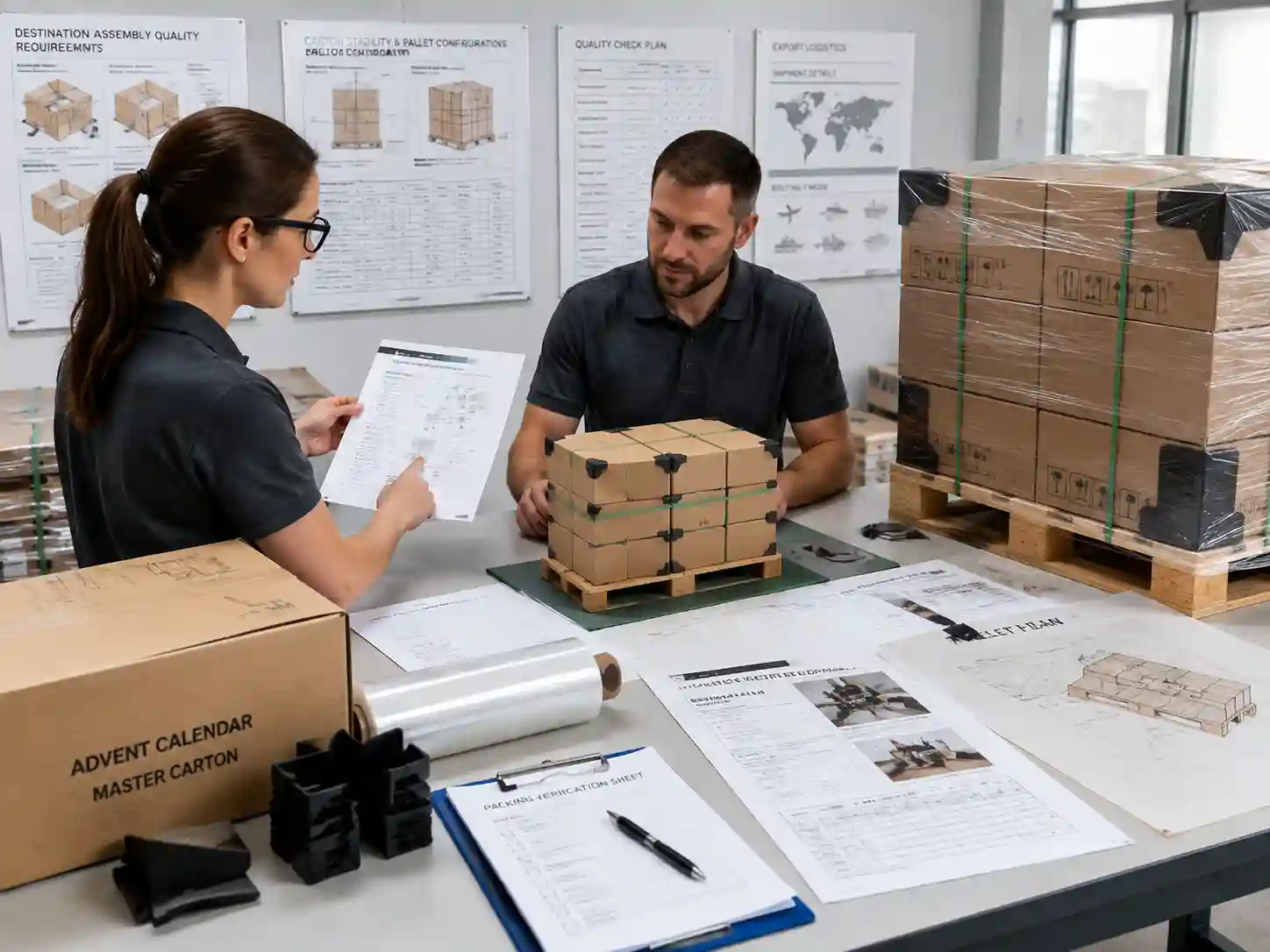 Packaging specialists reviewing destination assembly quality checks with cartons, pallet plans, and inspection records