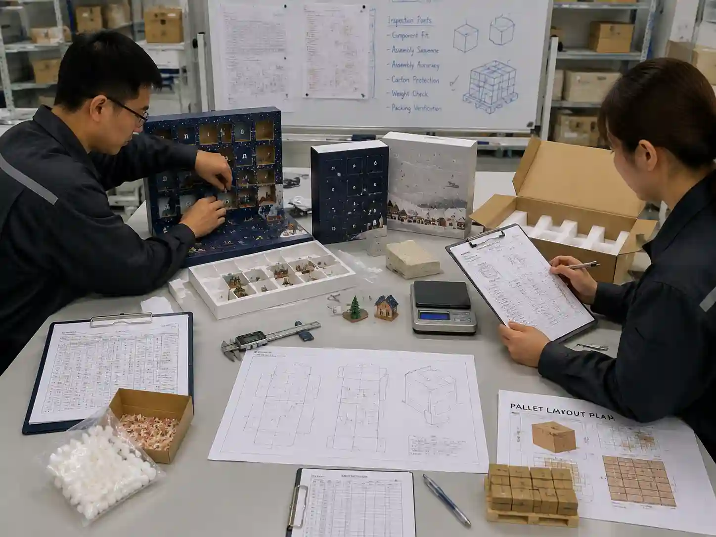 Packaging engineers planning destination assembly inspection methods with samples, drawings, and measurement tools