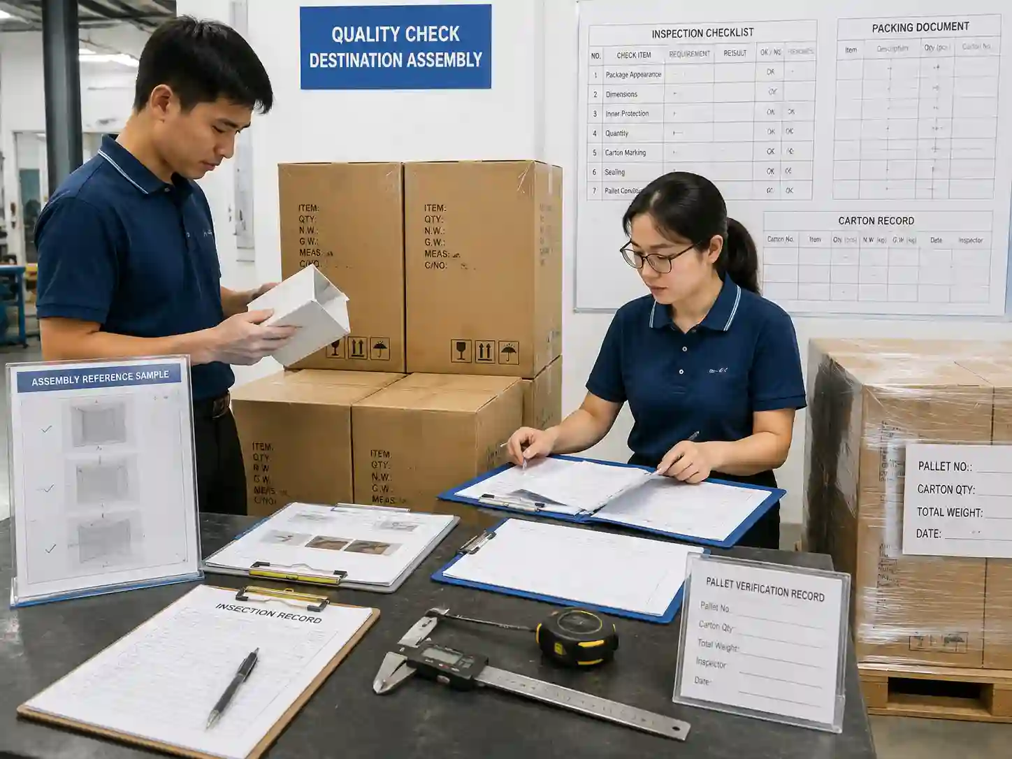 Quality inspectors verifying destination assembly inspection records with cartons, measurements, and documents
