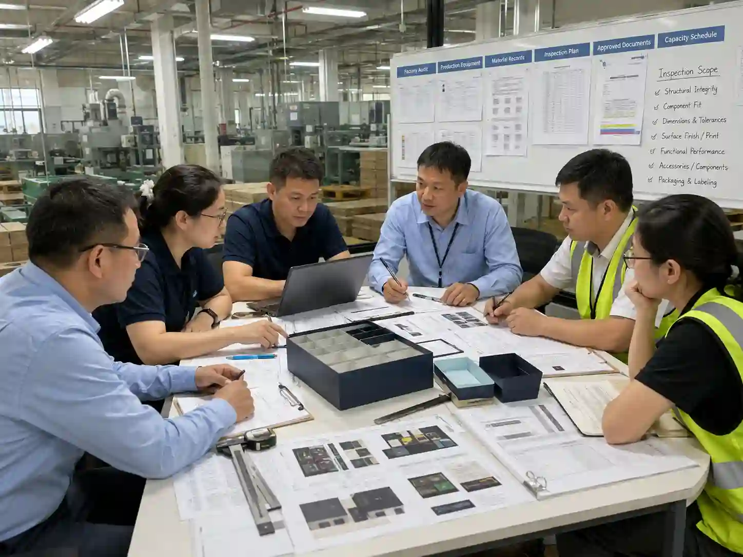 Packaging buyers and inspectors reviewing a third-party inspection plan for multi-component advent calendar boxes.